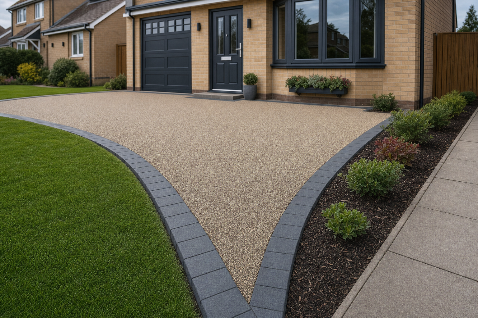 A well-maintained modern driveway with a textured surface, bordered by neat garden beds and a tidy lawn.