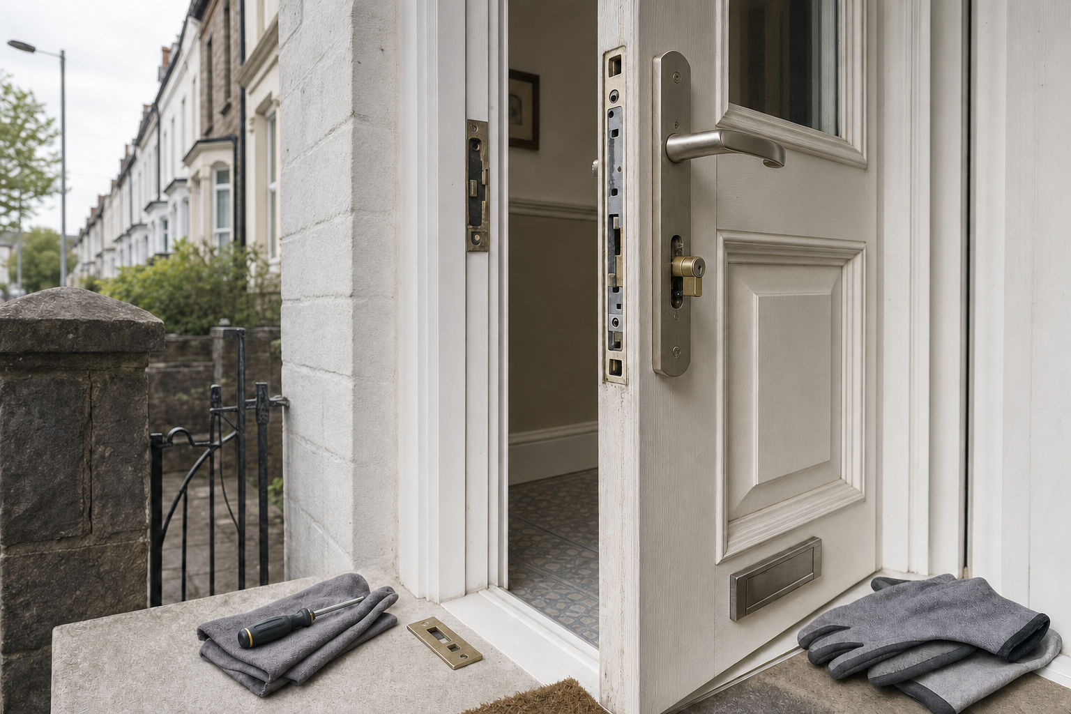 A slightly open front door with tools and gloves nearby, suggesting ongoing repairs or maintenance work.