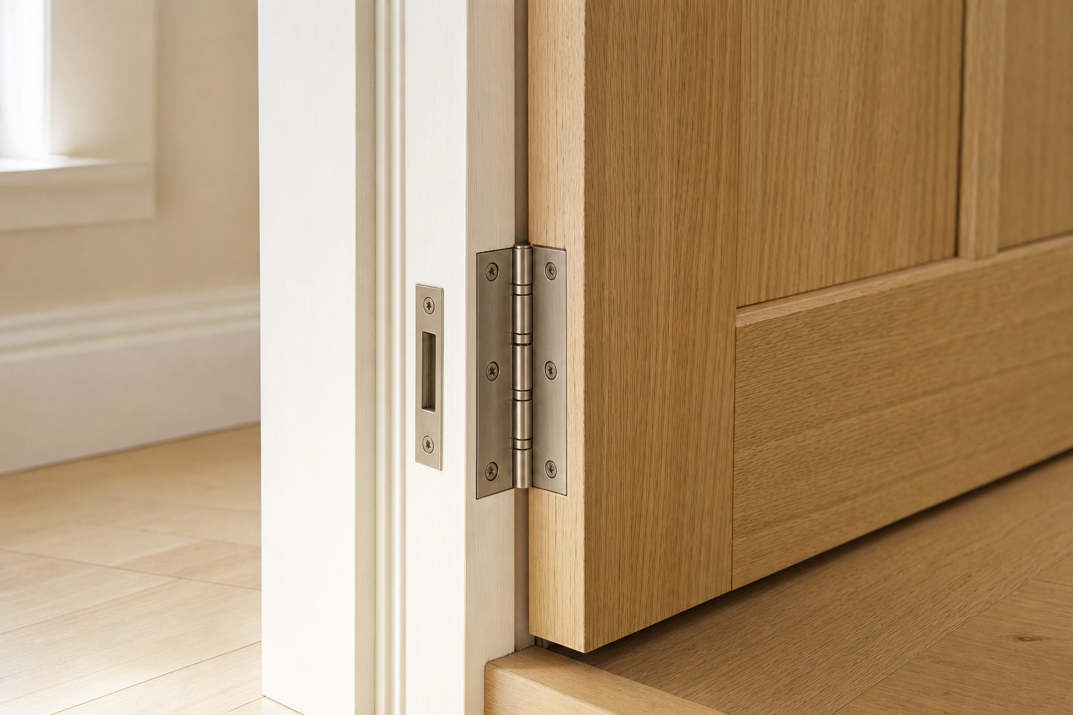 A close-up of a wooden door ajar, showing a shiny metal hinge attached to a light-coloured frame.