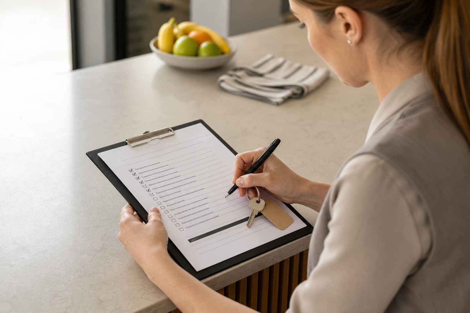 A woman writes on a checklist clipboard while sitting at a kitchen counter with a bowl of fruit nearby.