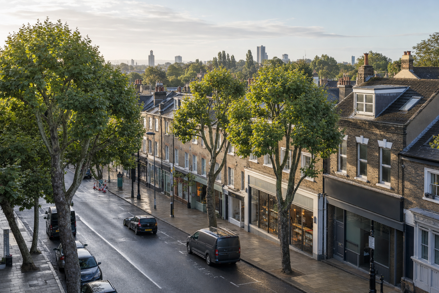 A quiet, tree-lined street with parked cars and old brick buildings in the early morning light.