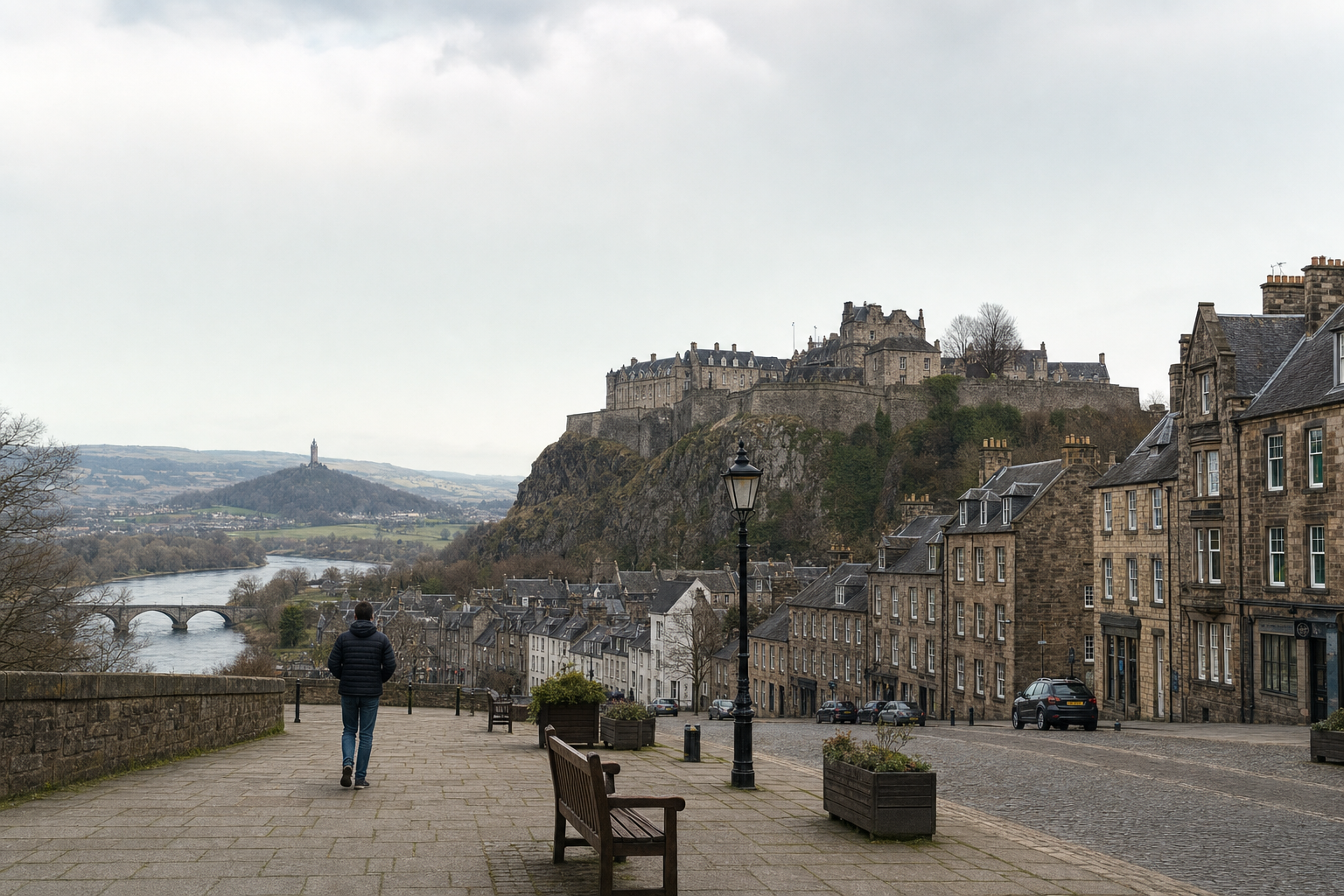 A person walks along a stone path with a view of Stirling Castle and distant hills in the background.