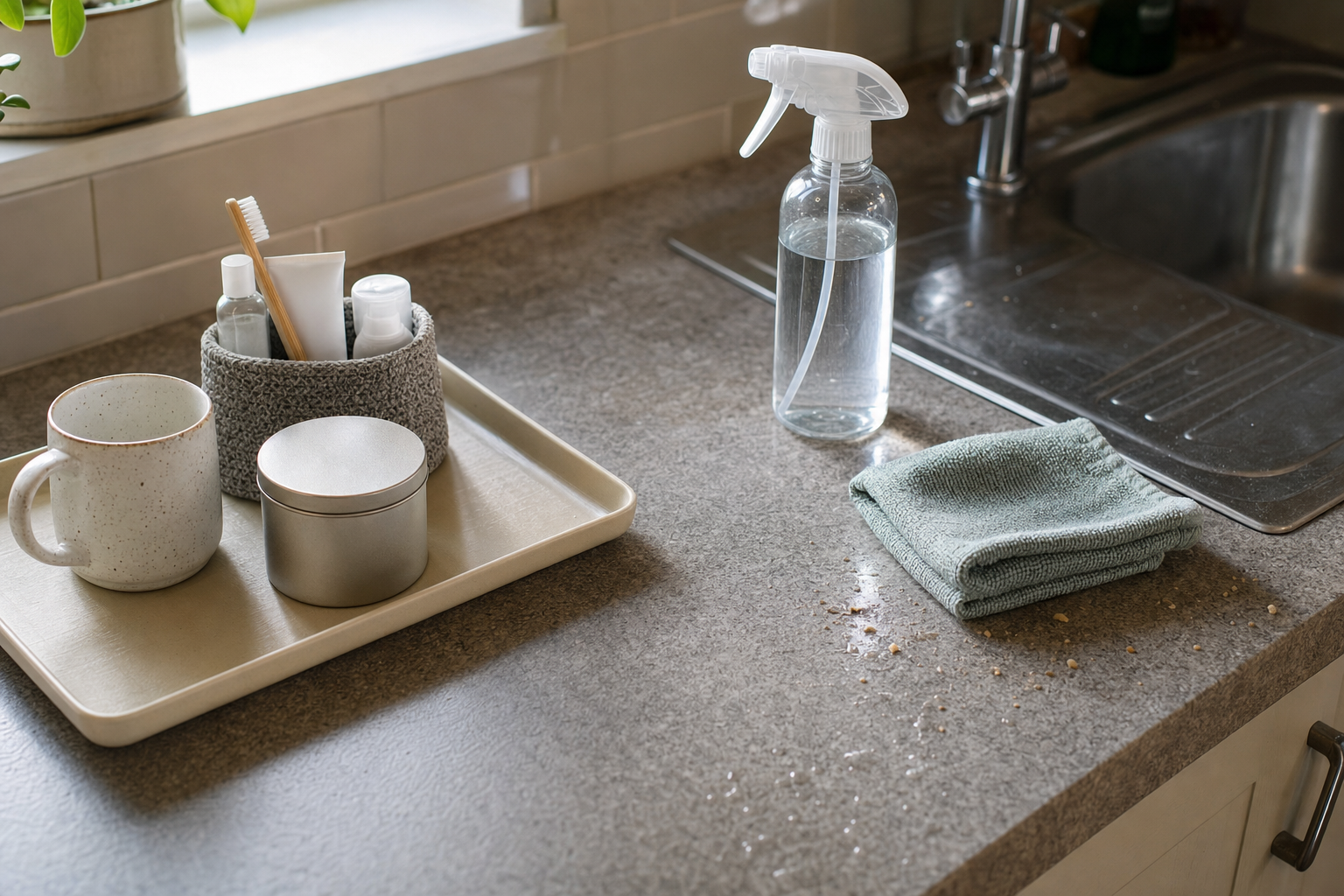 A clean kitchen counter with a tray of toiletries, a mug, a spray bottle, and a folded cloth near the sink.
