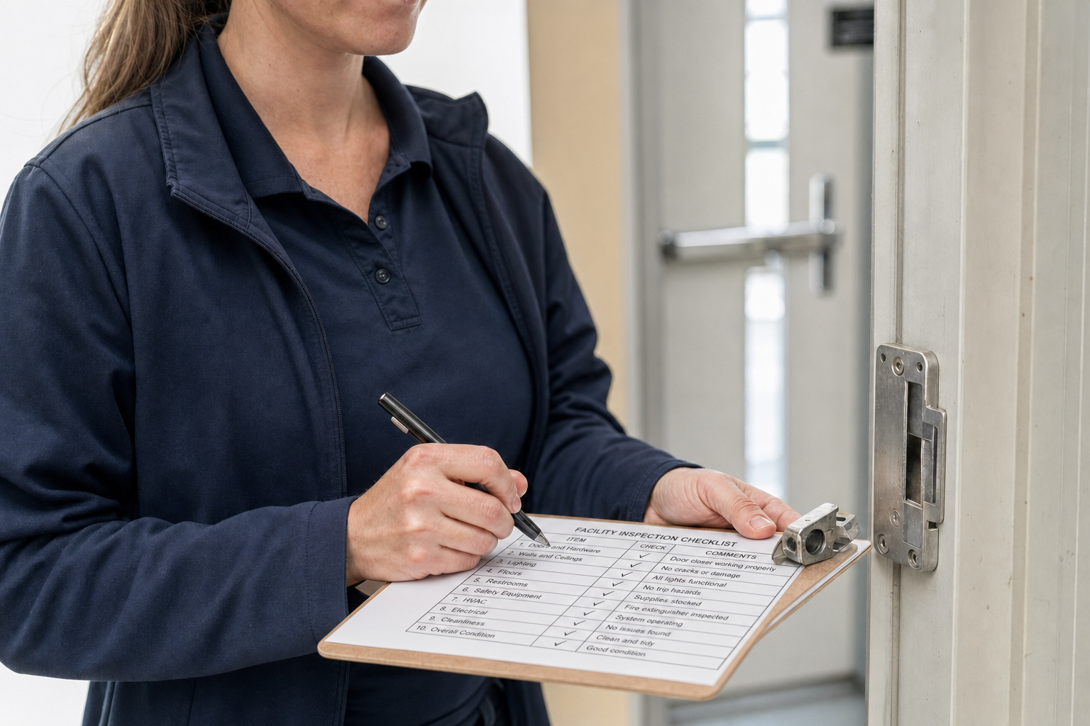 Person in a navy uniform marks a facility inspection checklist on a clipboard near a door.