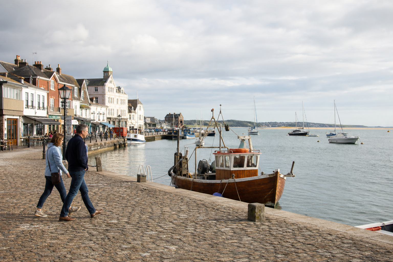 Two people walk along a cobblestone path by a harbor with boats and historic buildings.