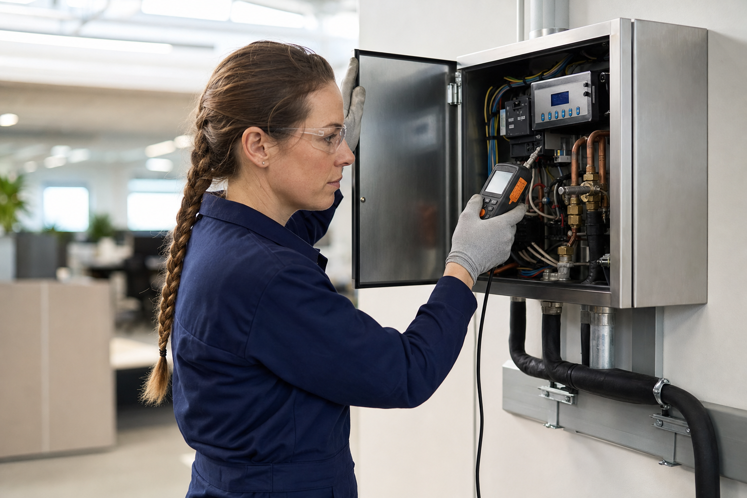 Engineer in protective gear inspecting a heating system control panel with a diagnostic tool in an office setting.