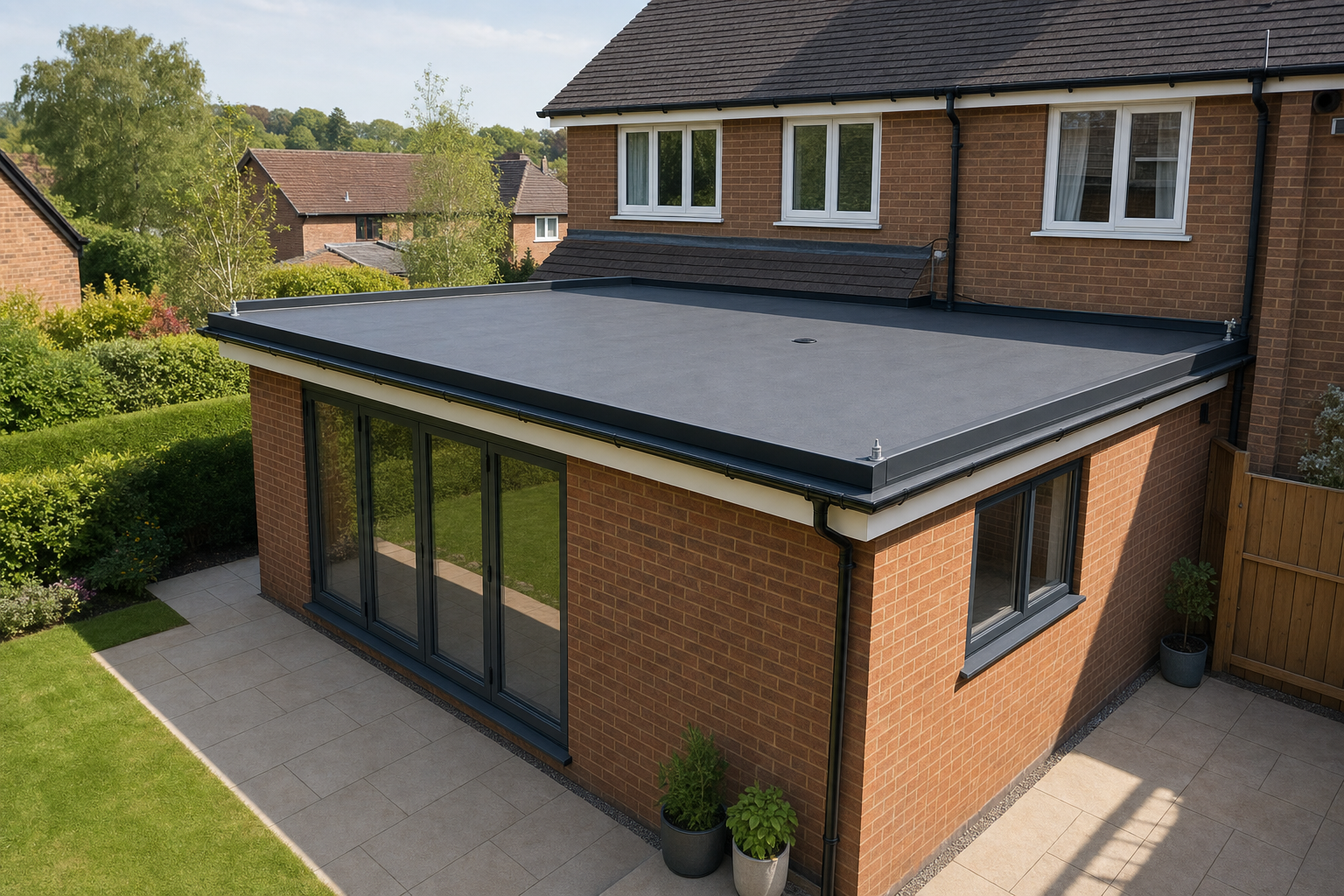 A modern flat roof extension with large glass doors on a brick house, surrounded by a garden and paved patio.