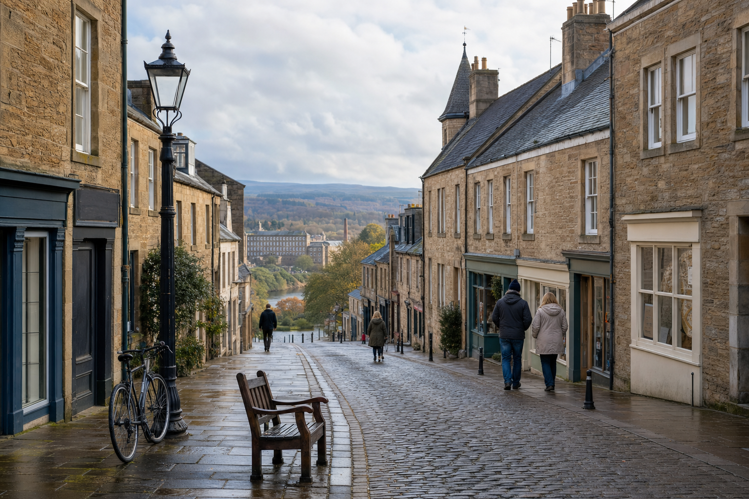 A cobbled street in a historic town with people walking, a bicycle, and distant hills visible under a cloudy sky.