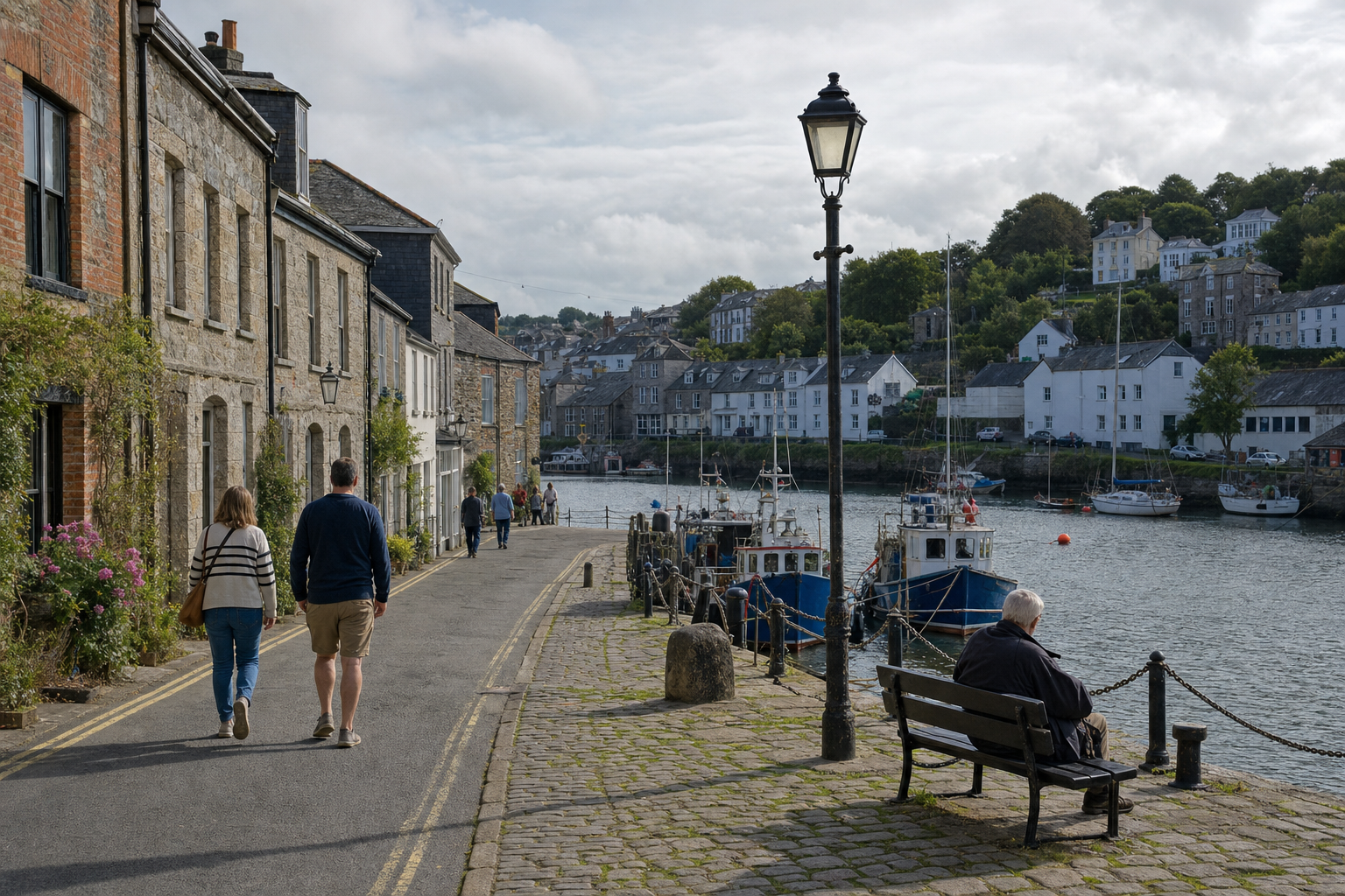 People walking along a cobbled harbour path with boats moored and houses on a hillside in the background.