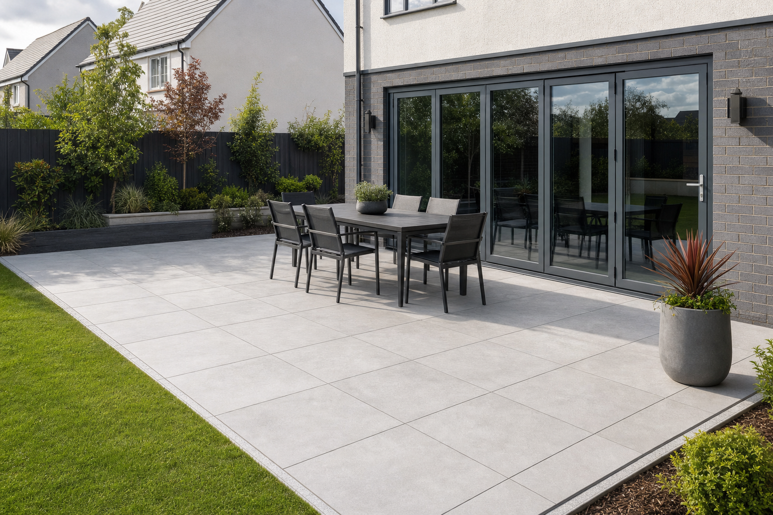 A modern patio with a dining set, surrounded by lush greenery and bi-fold glass doors leading into the house.