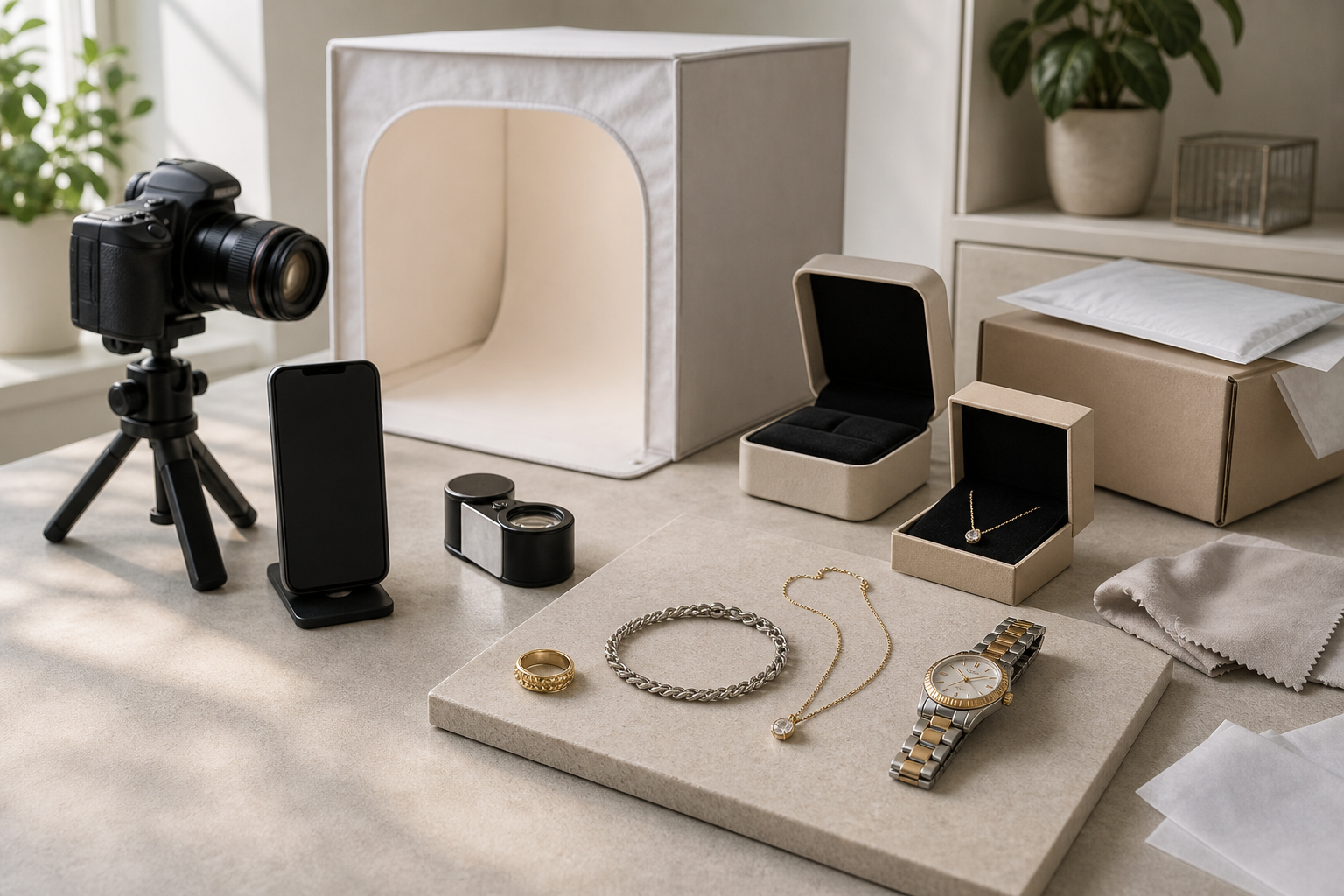 Jewelry photography setup with a camera, smartphone, and accessories on a table.