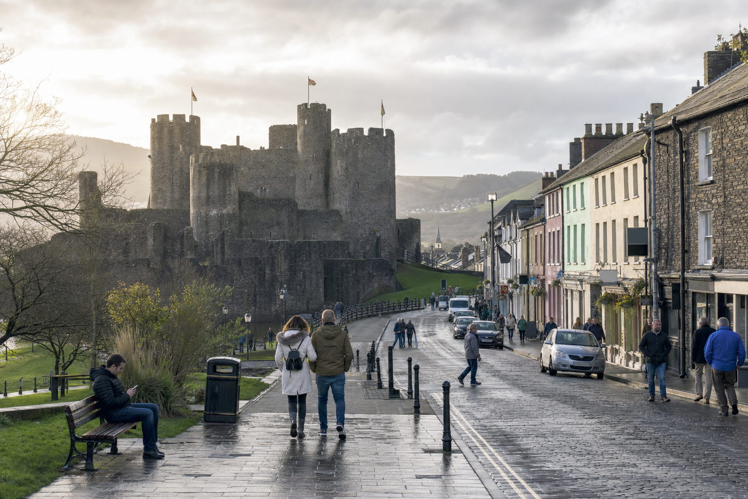 People walking along a street lined with colourful buildings, with a large castle in the background.