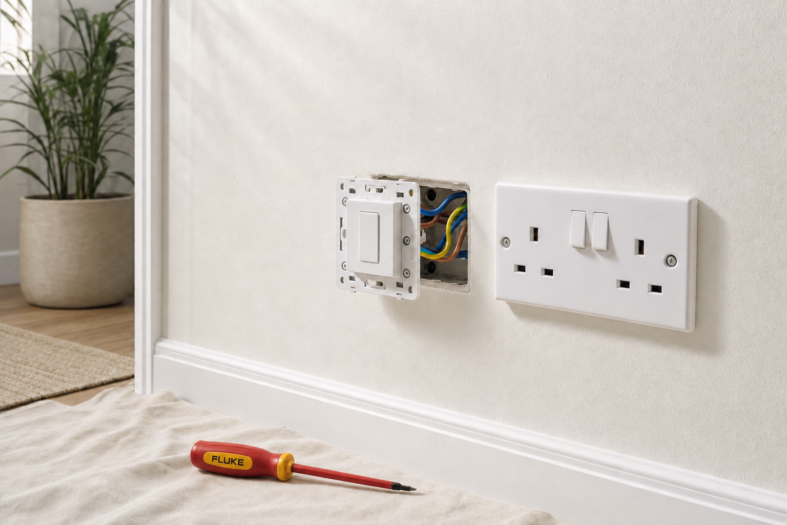 A partially installed light switch on a wall with exposed wiring and a screwdriver on a cloth nearby.