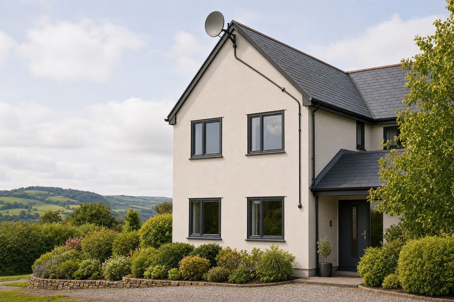 Modern house with a satellite dish, surrounded by a landscaped garden and countryside views.