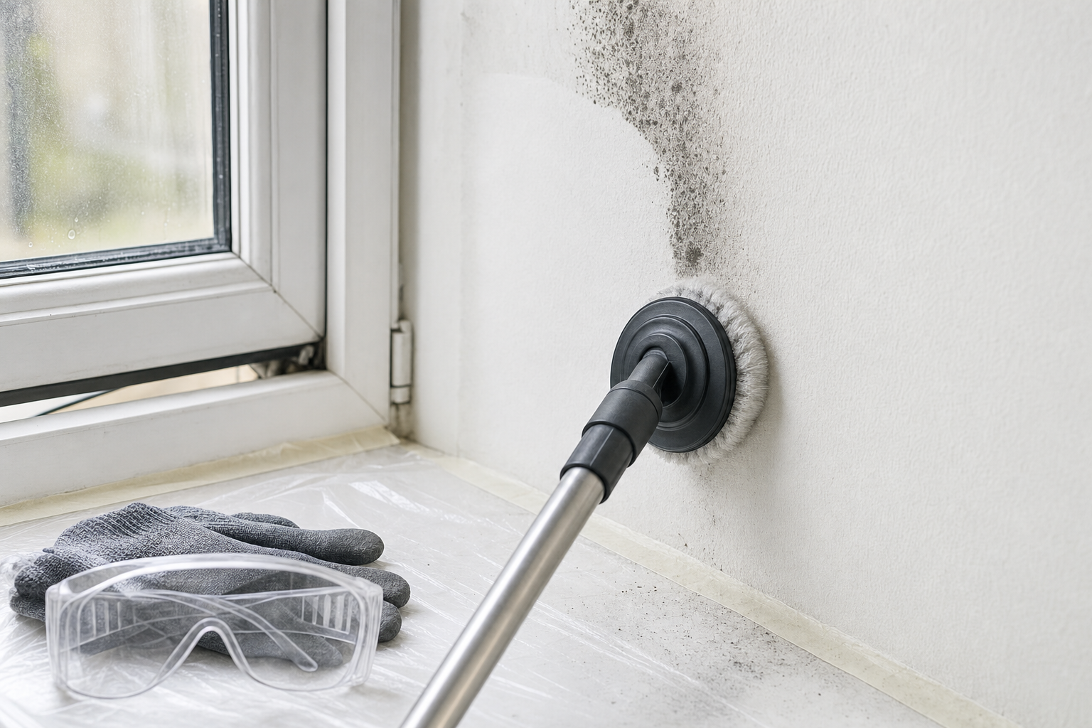 A brush attachment is used to clean mould from a white wall near a window, with goggles and gloves placed on a plastic-covered surface.