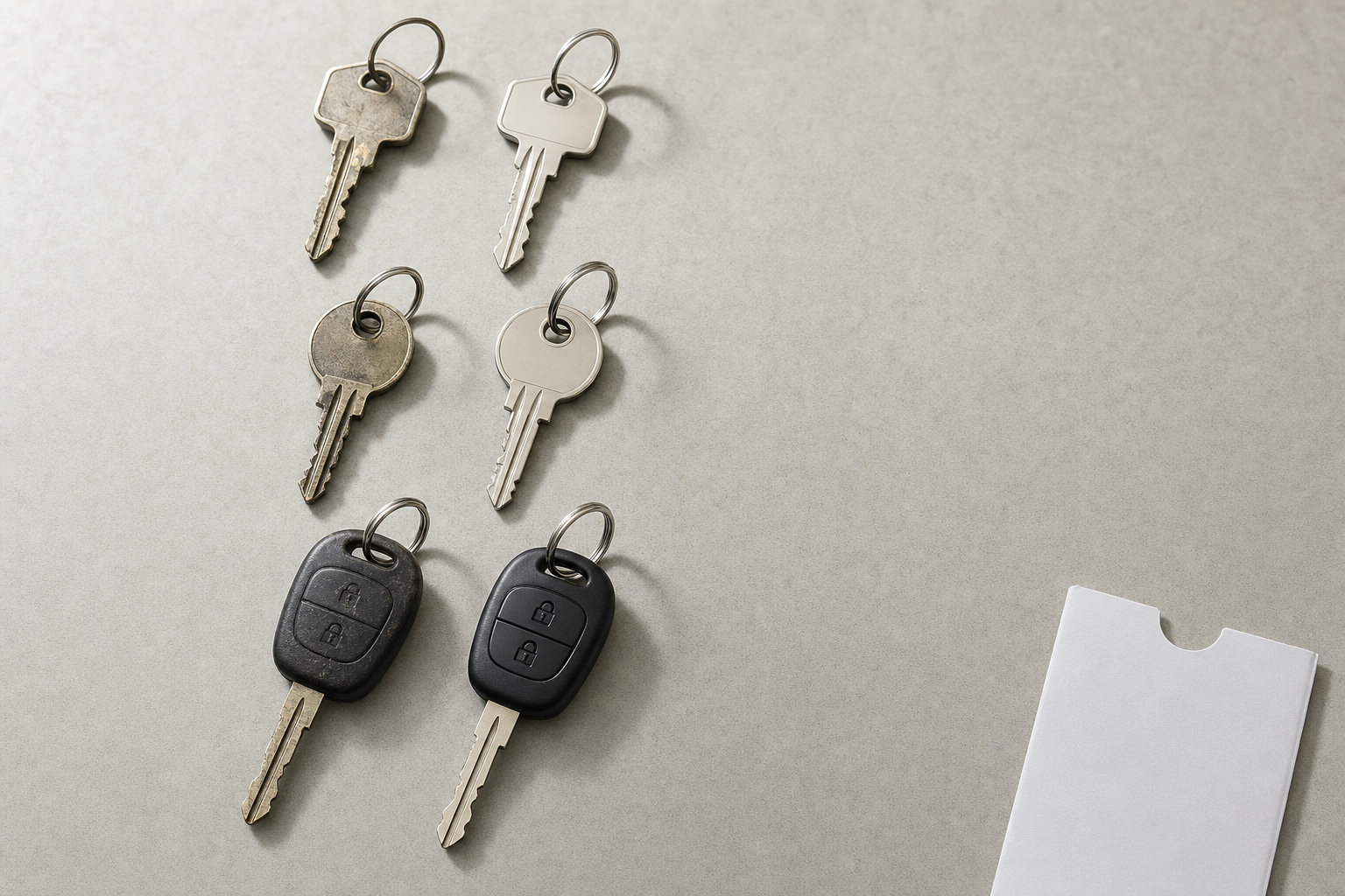 Six keys, including two car keys with key fobs, are arranged on a light grey surface beside a white envelope.