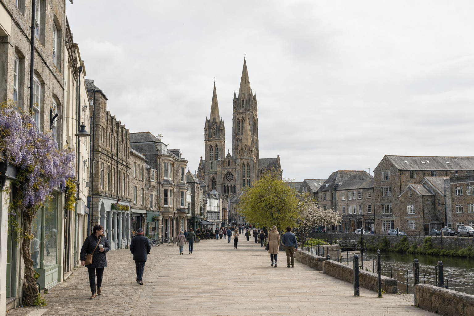 Pedestrian street lined with historic buildings leading to a cathedral under a cloudy sky.