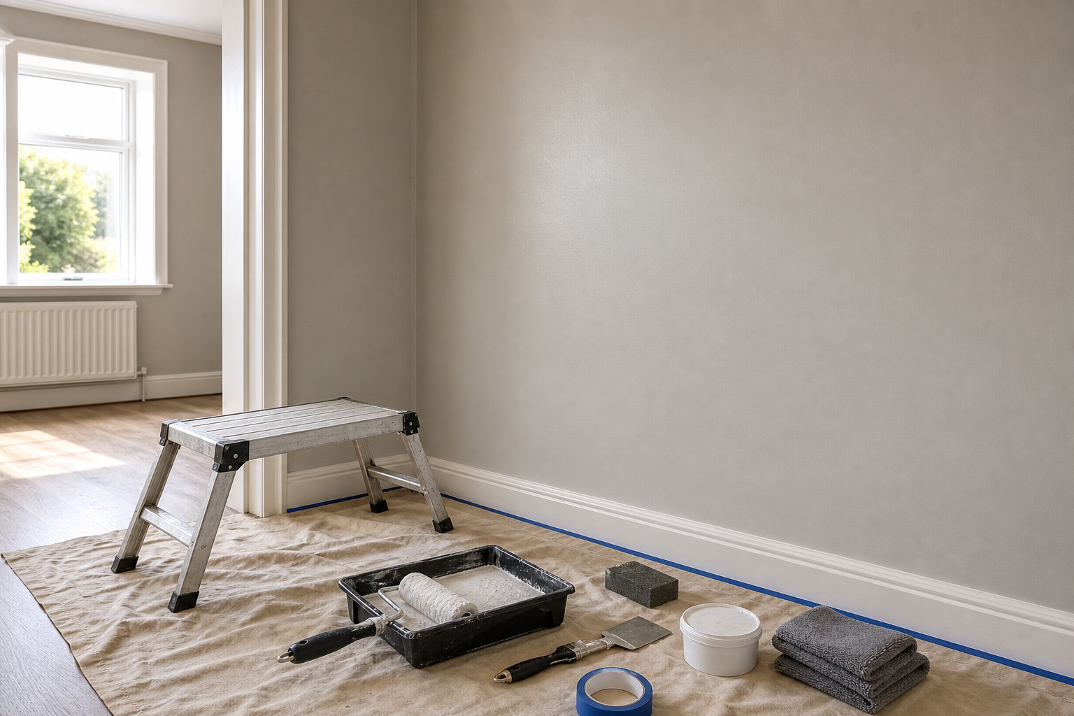 Room prepared for painting with a step stool, drop cloth, and painting supplies.