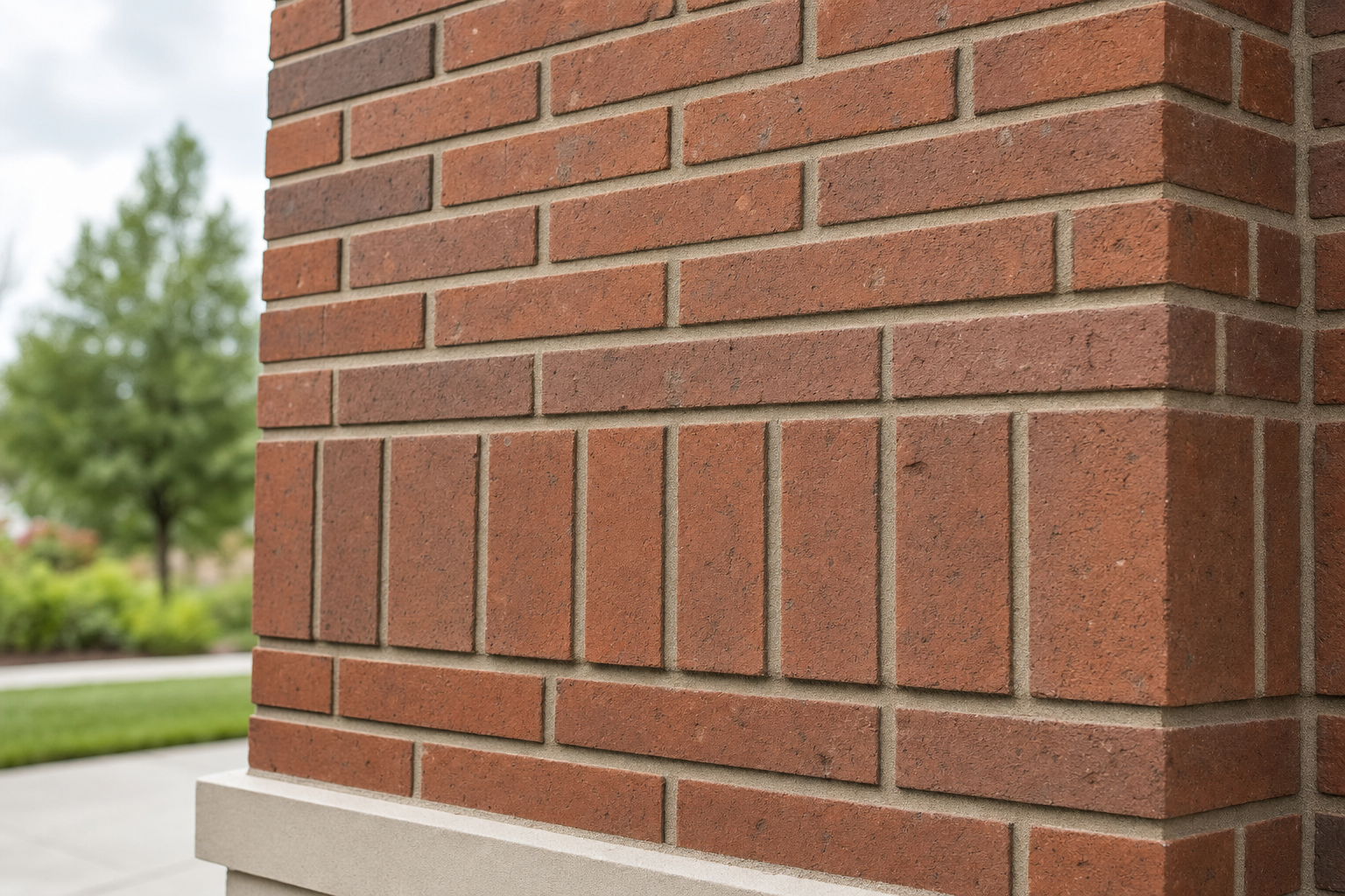 Red brick wall corner with a neat, symmetrical pattern, set against a blurred outdoor background.