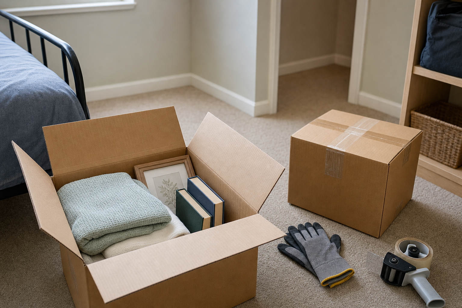 Cardboard boxes with packed belongings, gloves, and tape in a carpeted room ready for moving.