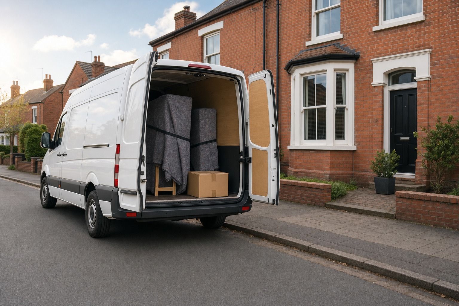 A white delivery van with open rear doors is parked on a residential street, revealing furniture and a cardboard box inside.