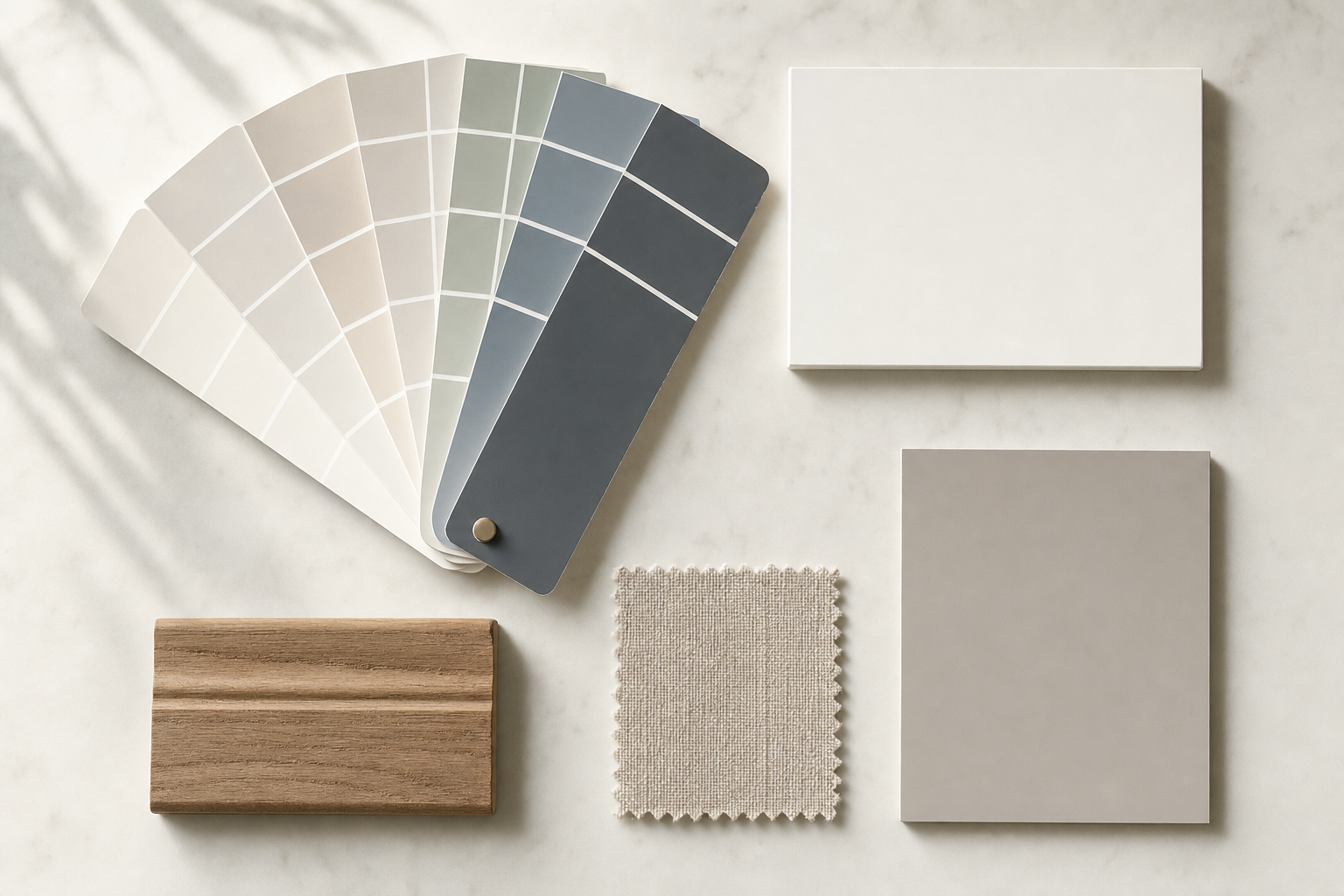 A variety of colour swatches, wood, and fabric samples arranged on a marble surface.