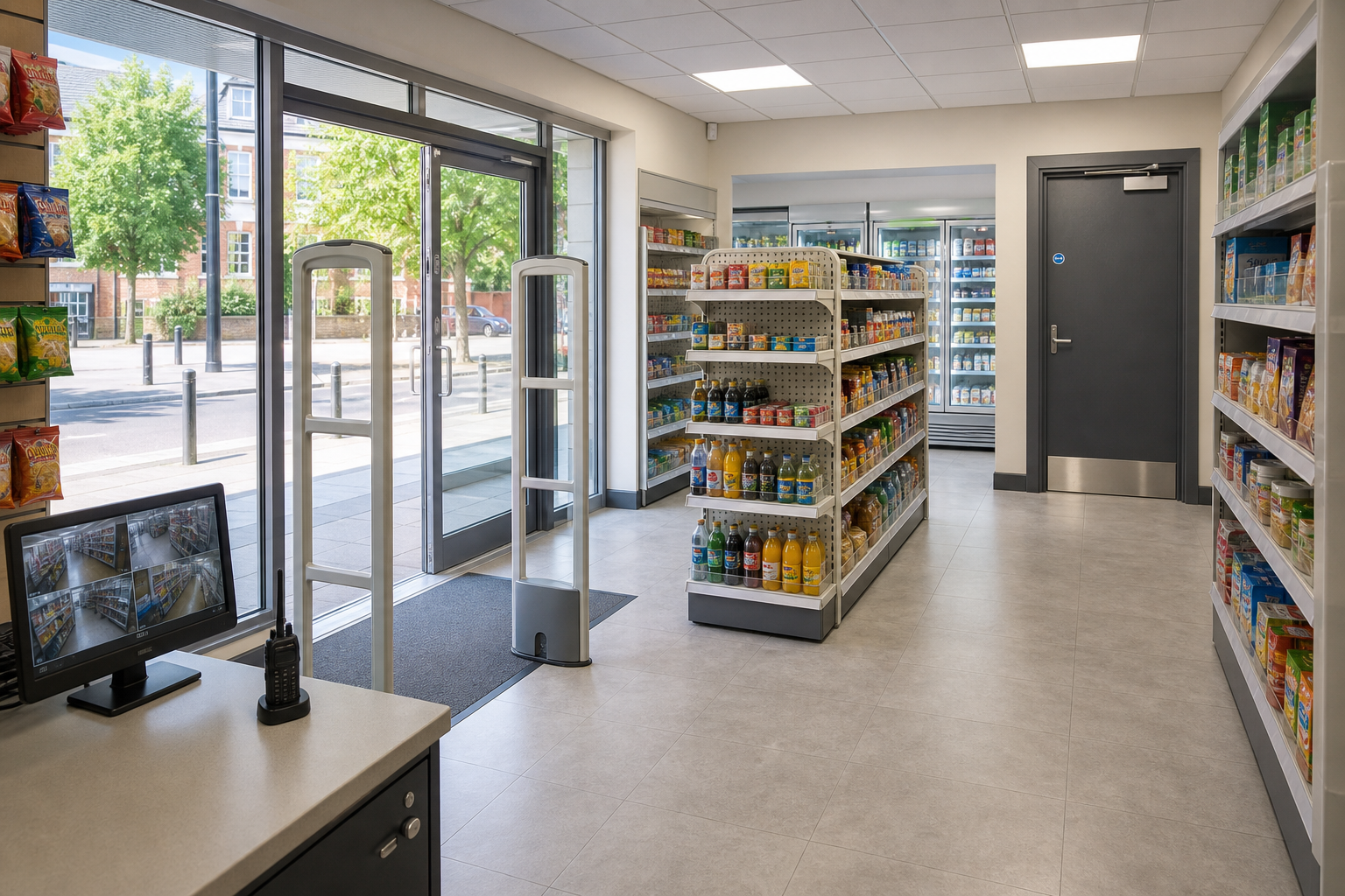 A small convenience shop interior with aisles of beverages and snacks, CCTV monitor, and a view of trees and buildings outside.
