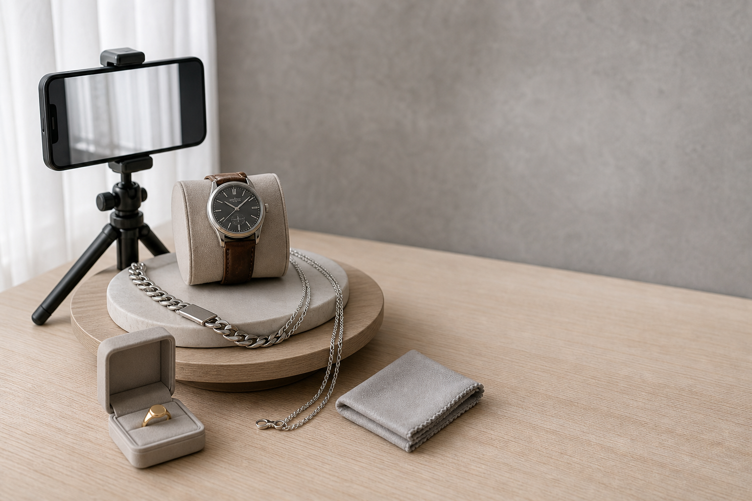 Elegant display of a wristwatch, chain, ring, and smartphone on a wooden surface.