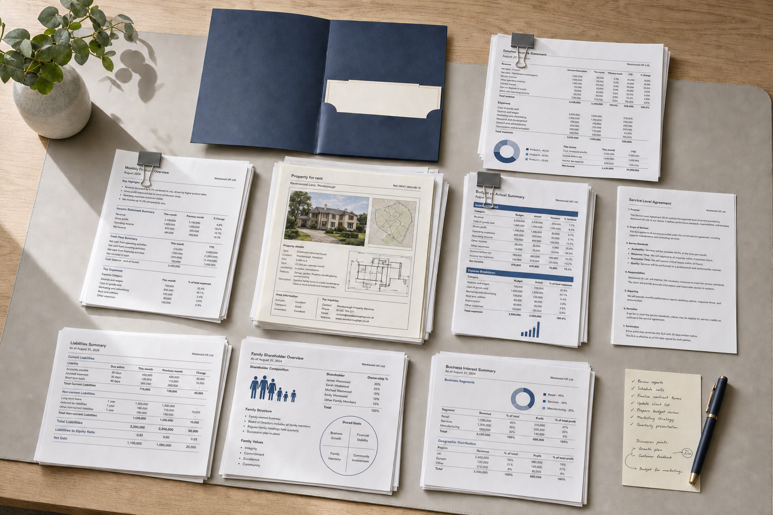A collection of business documents and reports neatly arranged on a desk with a blue folder and a pen.