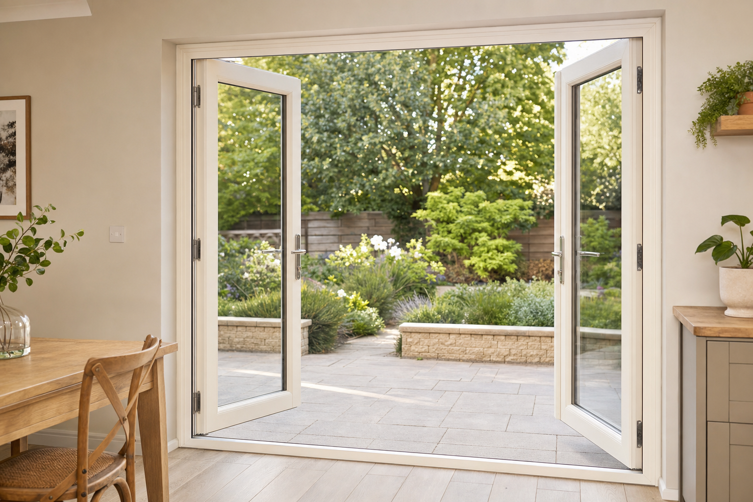Open French doors lead from a dining room to a sunny, landscaped garden.