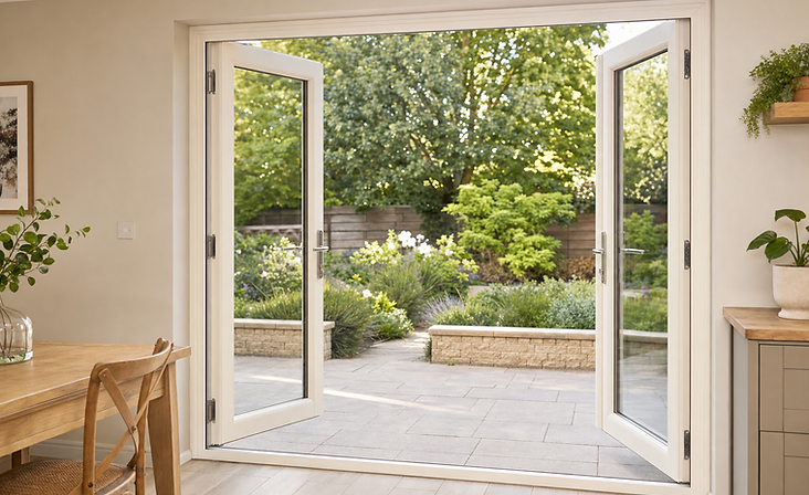 Open French doors lead from a dining room to a sunny, landscaped garden.