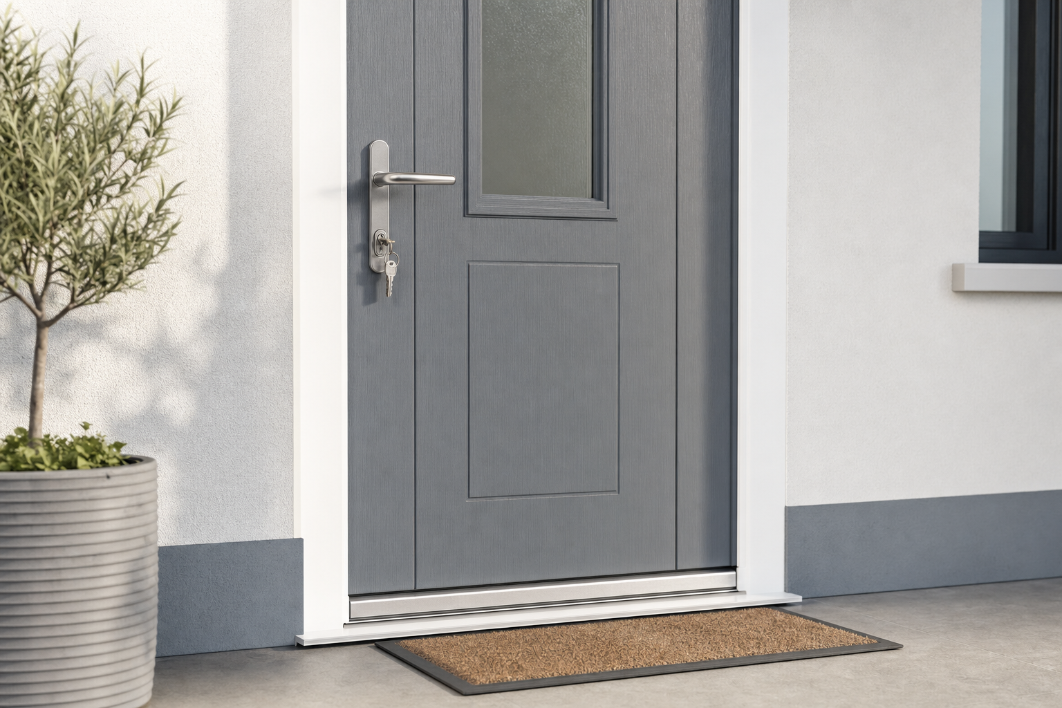 A grey front door with a modern handle and keys hanging, next to a potted plant on a concrete porch.