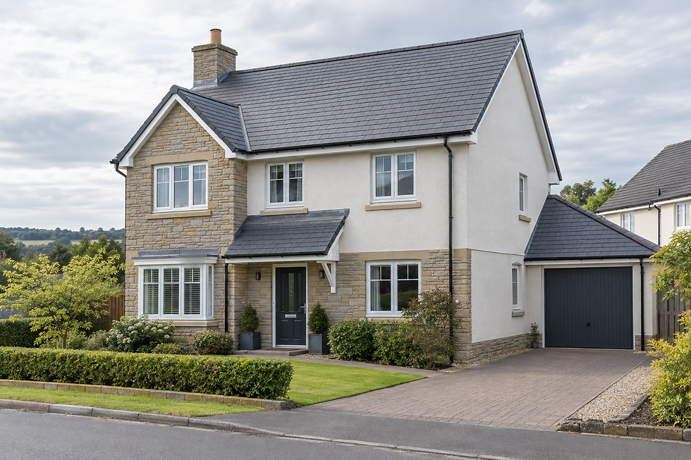 Modern two-storey house with a stone facade, grey roof, and attached garage in a suburban neighbourhood.