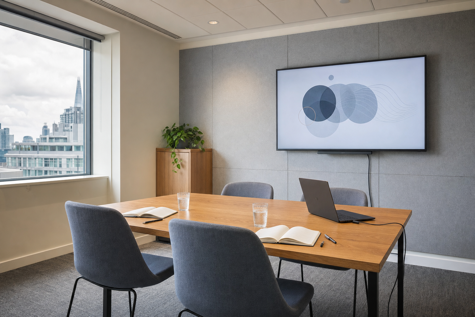 A modern meeting room with a wooden table, chairs, a laptop, notebook, and large window overlooking city buildings.