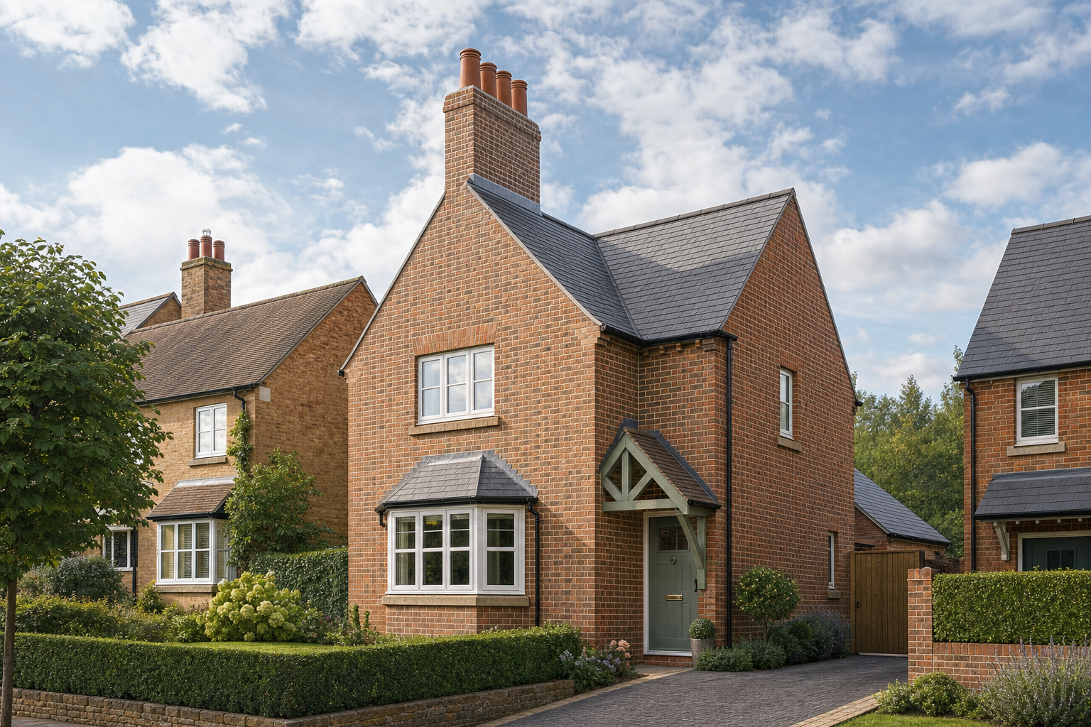 A traditional two-storey brick house with a slate roof and neatly trimmed garden under a blue sky.