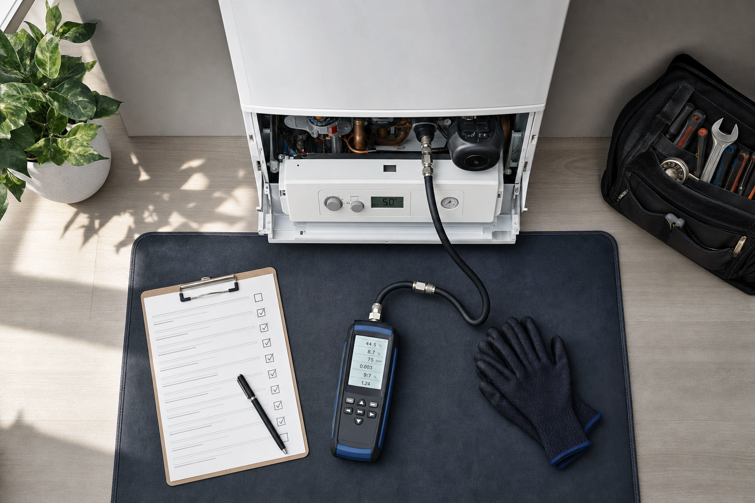 Gas boiler servicing setup with a digital analyser, clipboard checklist, gloves, and a tool bag nearby.