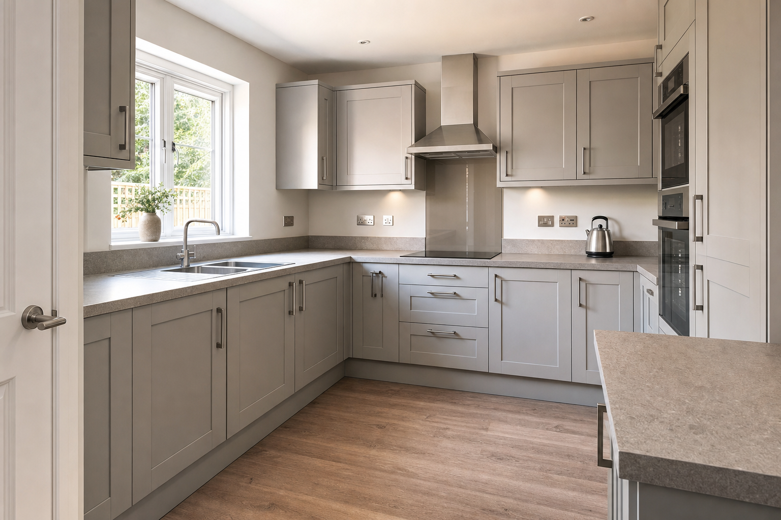 Modern kitchen with grey cabinets, wooden flooring, and a stainless steel cooker hood.