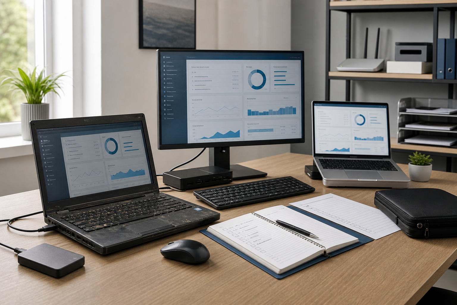 Workspace with two laptops, a monitor displaying graphs, a notebook, and a mouse on a wooden desk.