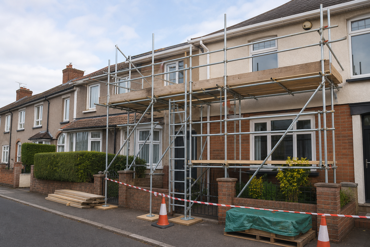 Scaffolding set up in front of a row of terraced houses for construction work.