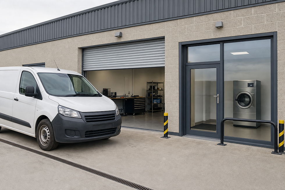 White van parked outside an industrial building with large glass doors and a visible laundry machine inside.