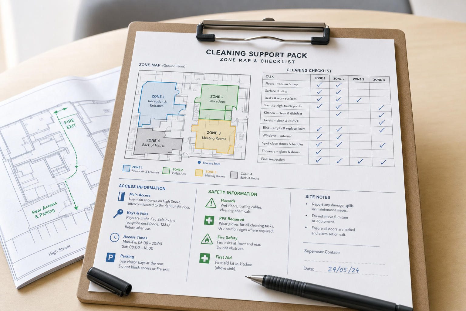Cleaning checklist and zone map on a clipboard, detailing tasks and safety information for different building areas.