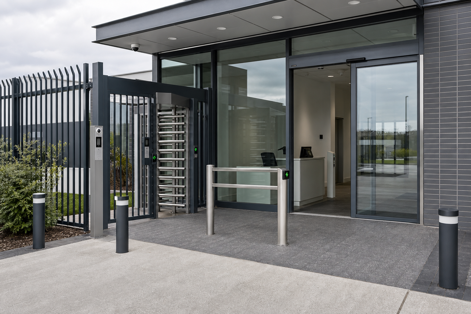 Modern office entrance with a glass door, turnstile security barrier, and tall metal fence under a cloudy sky.