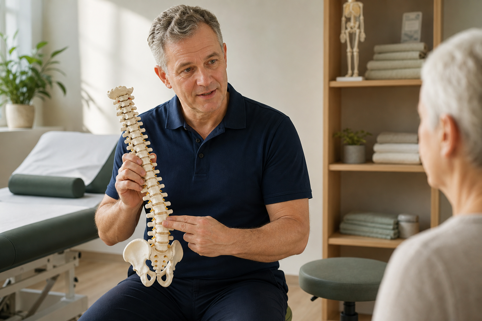 A man in a blue shirt explains a spine model to a seated person in a medical office.