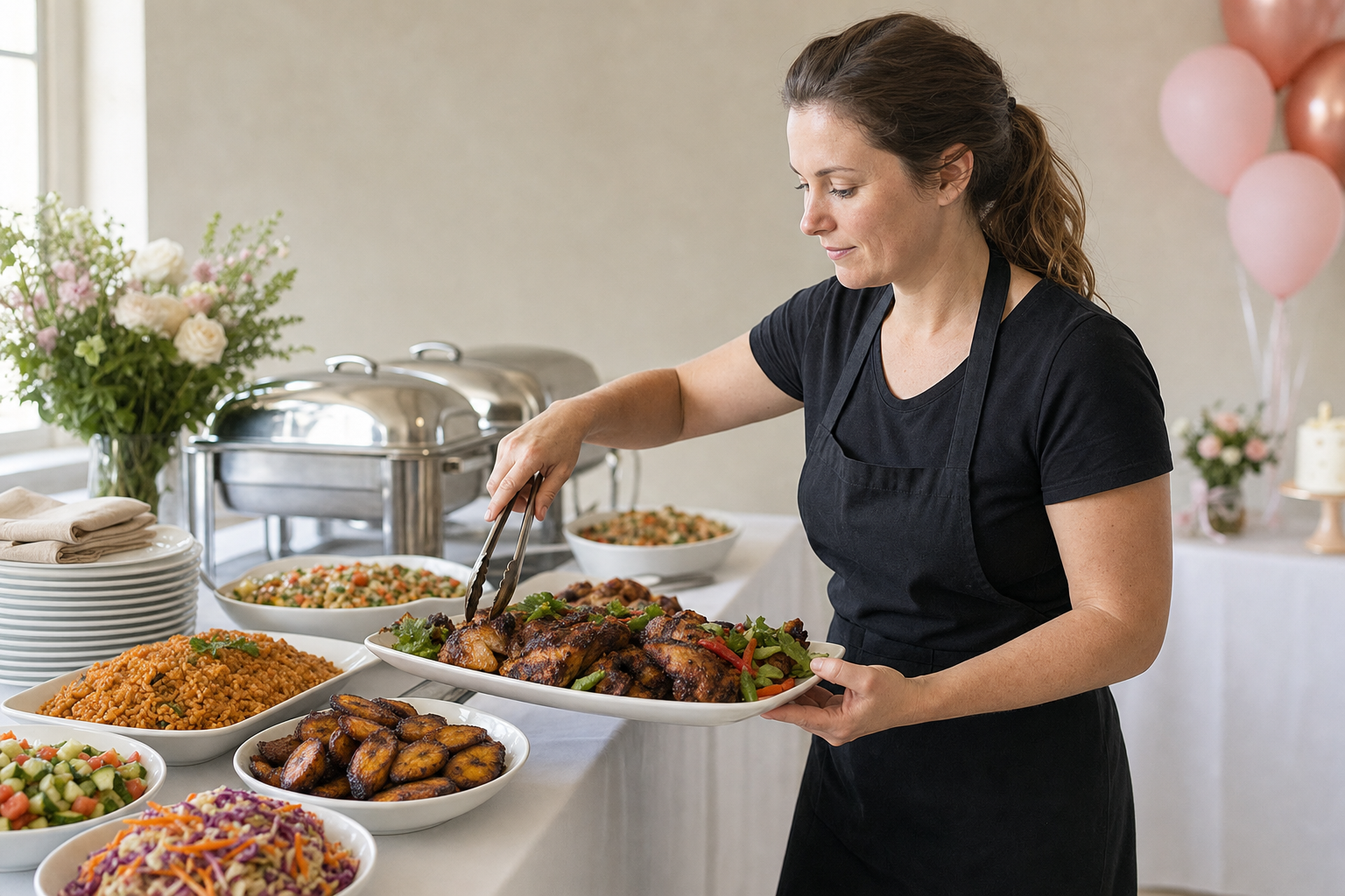 A woman arranges a platter of grilled chicken at a buffet table, with various dishes and floral decorations in the background.