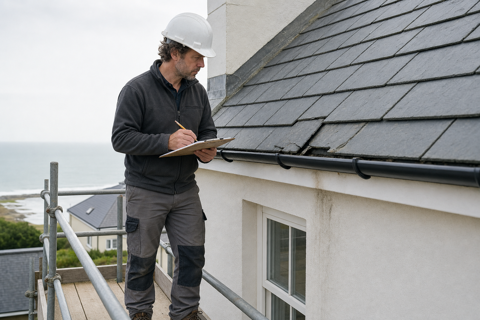 A construction worker inspects a slate roof on scaffolding near the sea, taking notes on a clipboard.