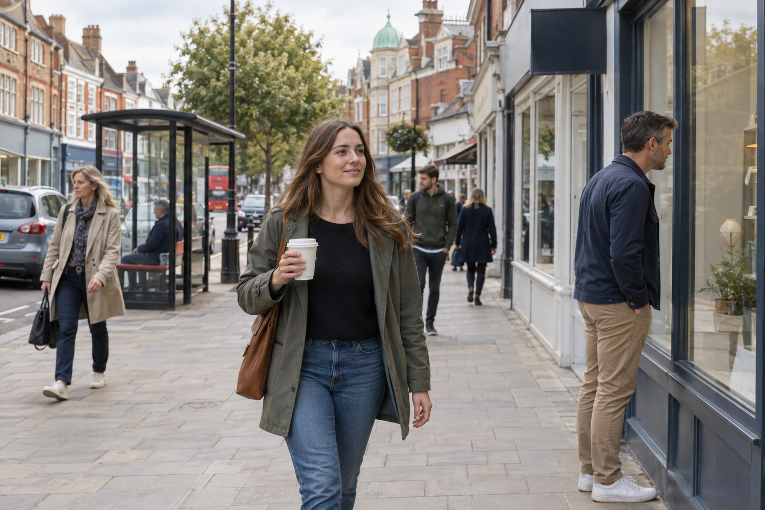 A woman walks down a city street holding a coffee cup, while others stroll and a man looks into a shop window nearby.
