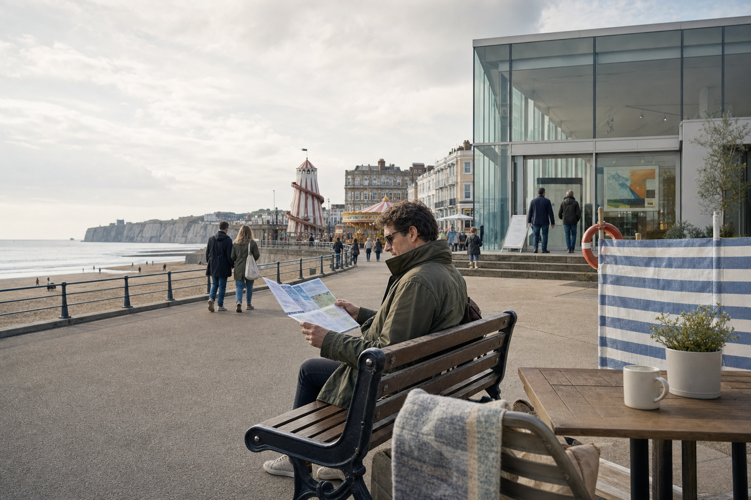 A man reads a map on a bench near a seaside promenade, with a helter-skelter and gallery in the background.
