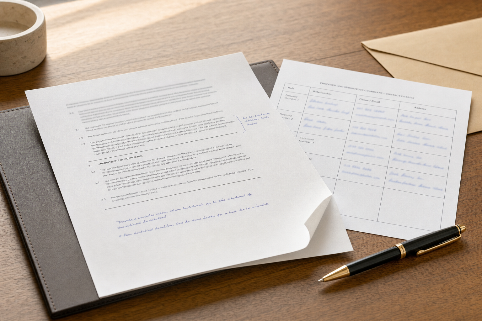 Legal documents with handwriting and a pen on a wooden desk.