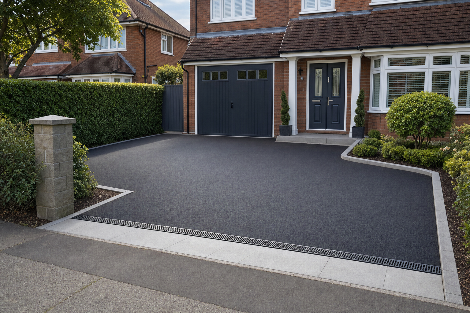 Newly paved driveway in front of a modern red brick house with a grey garage and door.