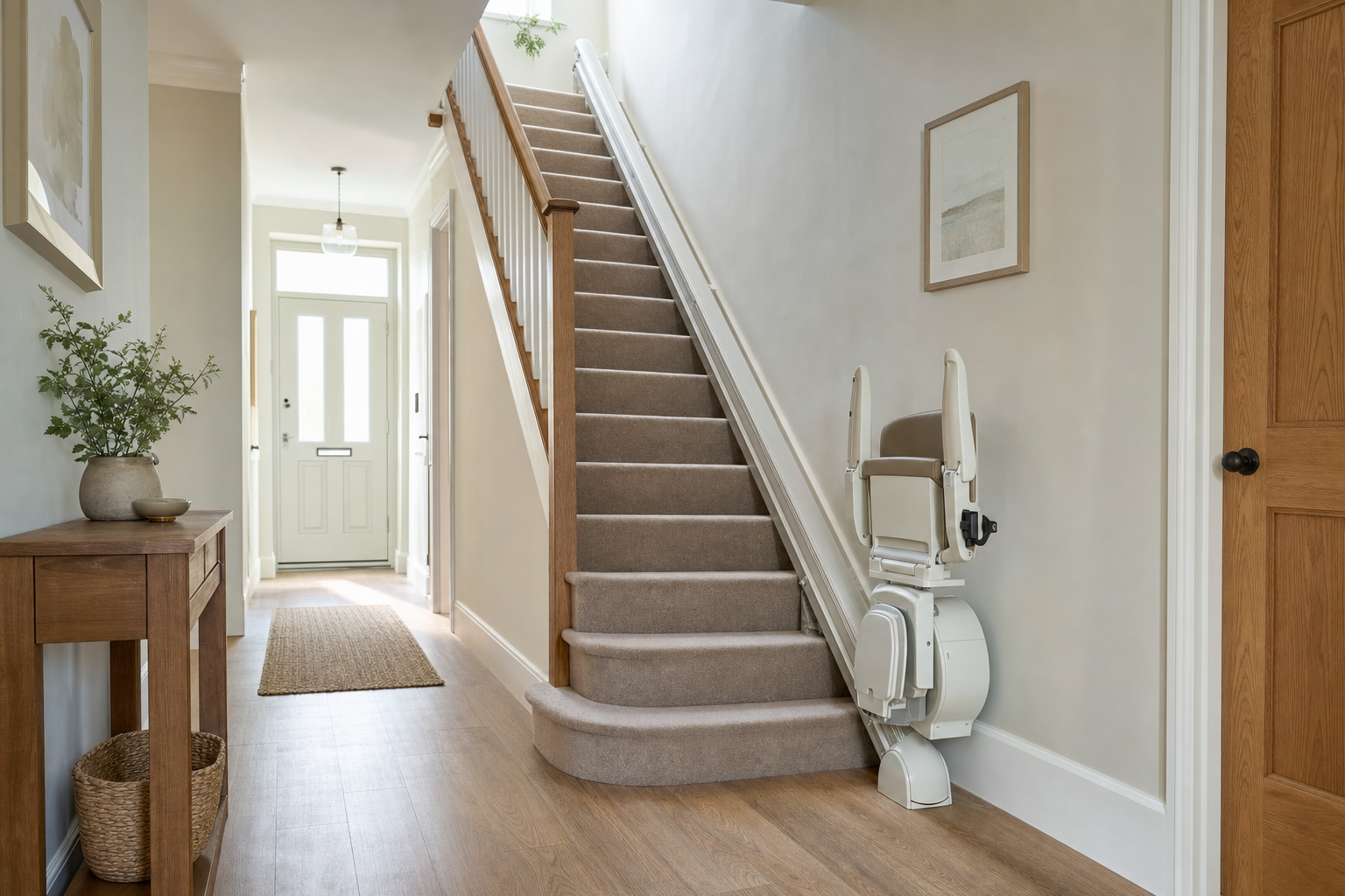 A modern hallway features a stairlift next to carpeted stairs, with wooden flooring and a table with a plant.